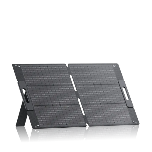 BLUETTI 100W portable foldable monocrystalline solar panel charger in black with integrated handles and kickstand.