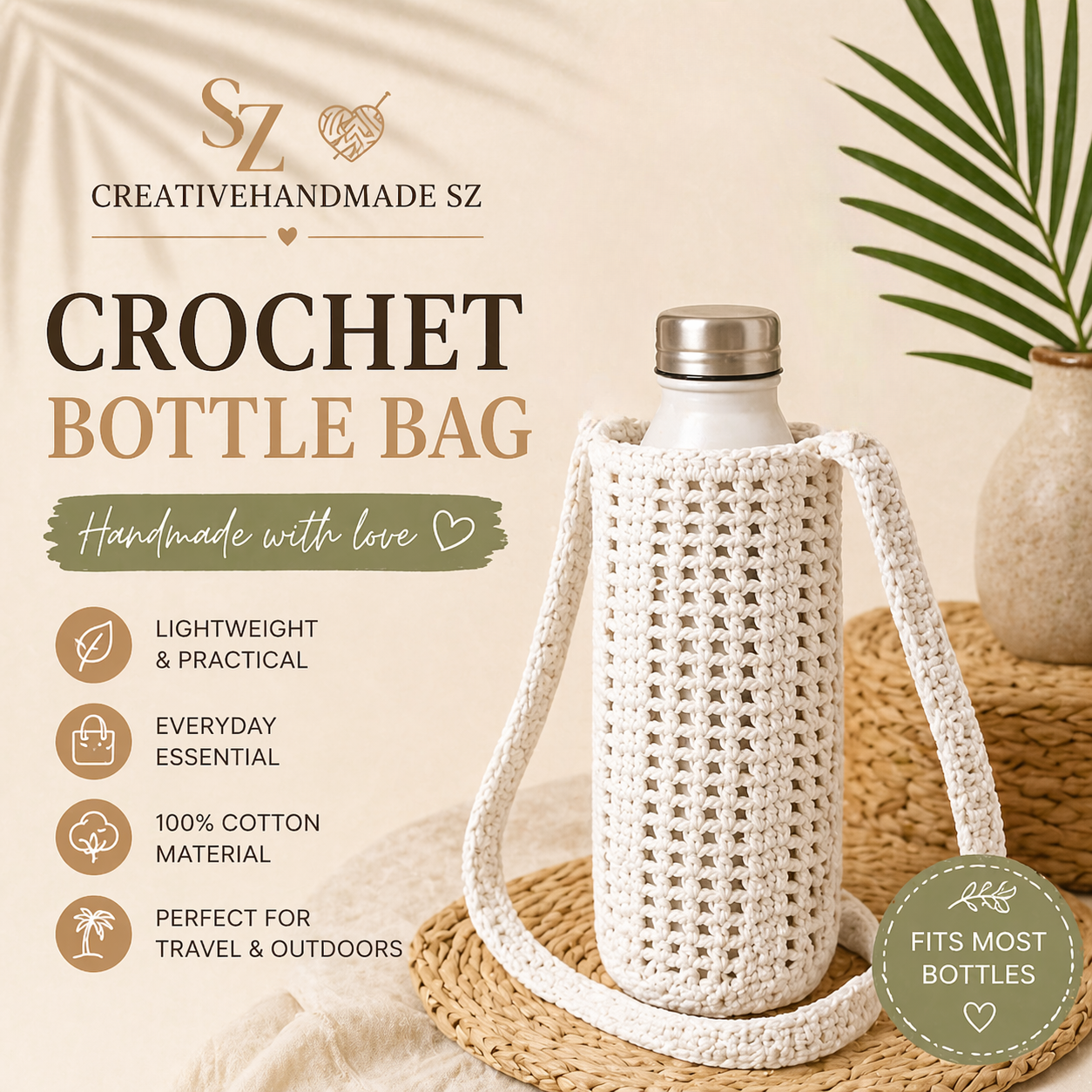 Crochet Water Bottle Holder Bag, Boho Bottle Carrier, Cotton Shoulder Sling, Handmade Drink Holder, Festival Crossbody Bag, Summer Gift-0