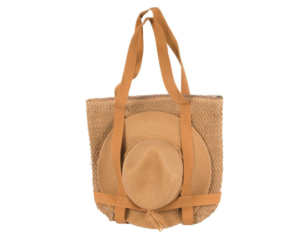 Beige Hat & Bag Summer Beach Set-0