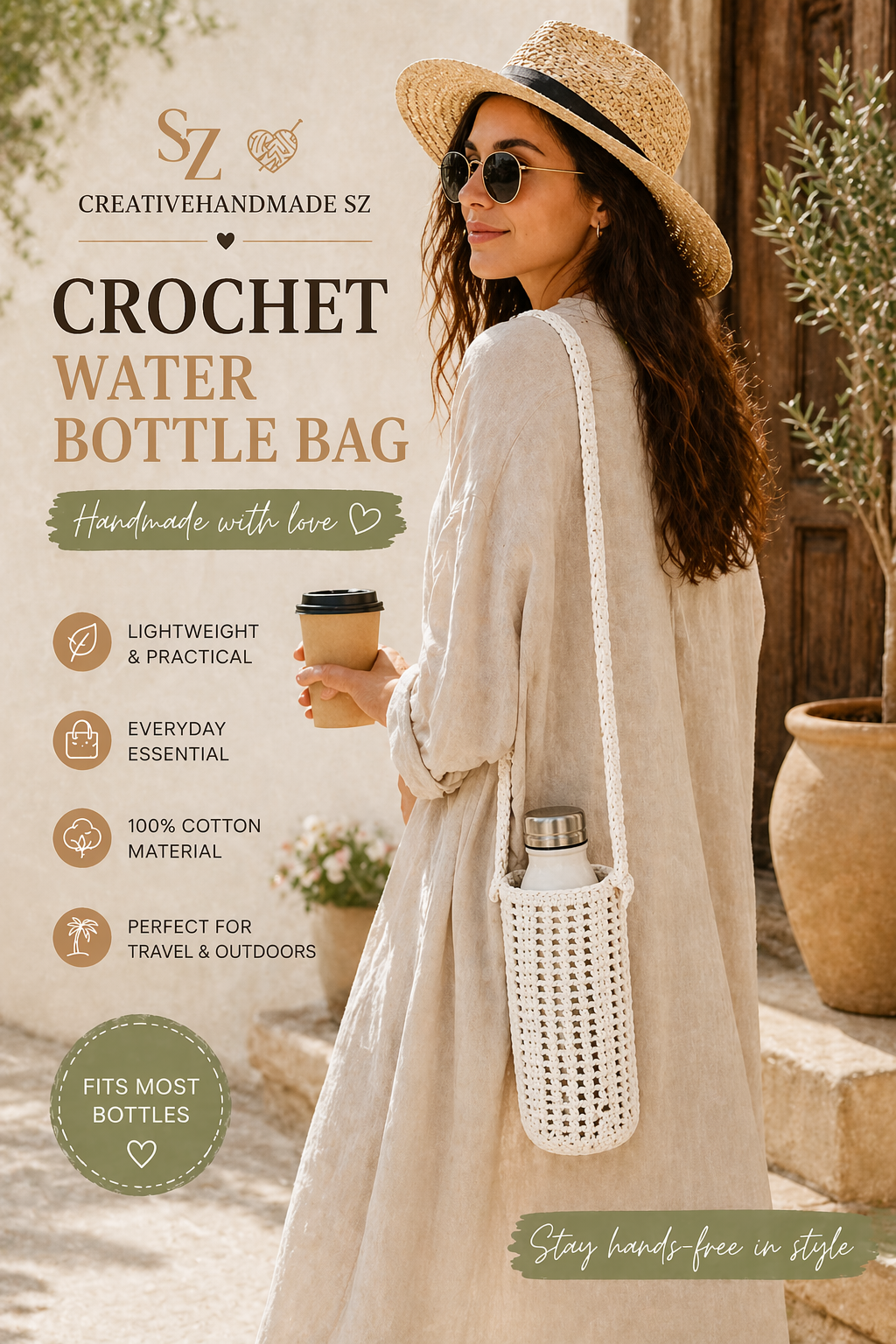 Crochet Water Bottle Holder Bag, Boho Bottle Carrier, Cotton Shoulder Sling, Handmade Drink Holder, Festival Crossbody Bag, Summer Gift-2
