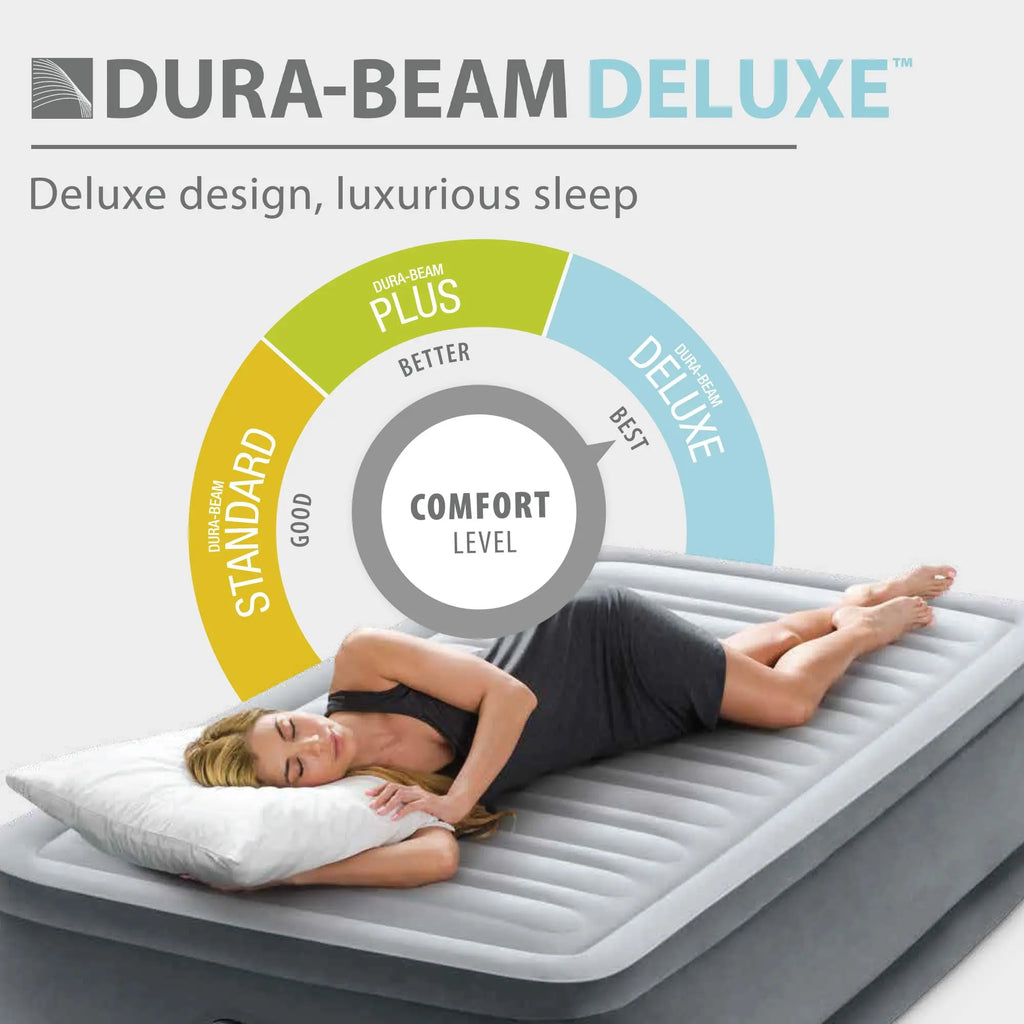 Intex 64417ED 22in Queen Dura-Beam Comfort Plush High-Rise Inflatable Air Mattress with Built in Pump for Travel and Camping, 600lb Weight Capacity Coastal Adventure Co
