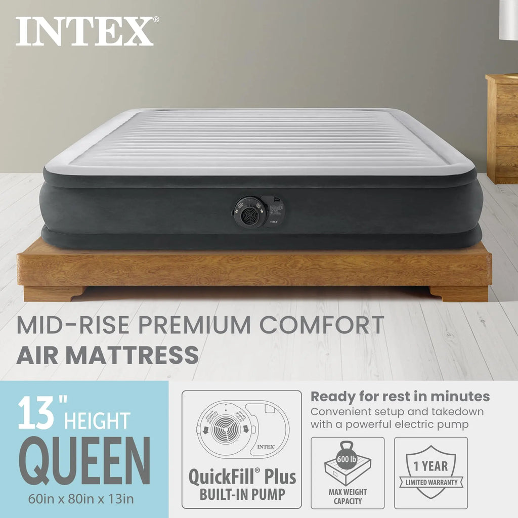 Intex 64417ED 22in Queen Dura-Beam Comfort Plush High-Rise Inflatable Air Mattress with Built in Pump for Travel and Camping, 600lb Weight Capacity Coastal Adventure Co