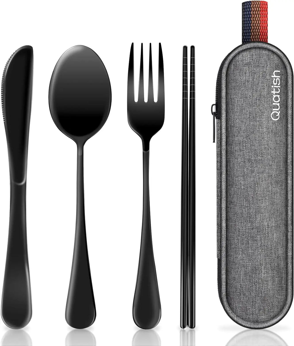 Travel Utensils with Case, Quatish Portable Silverware Set for Work, Stainless Steel Reusable Travel Cutlery Set, Fork and Spoon Set for Camping, Picnic, Gadgets, Lunch Box for Men, Black Coastal Adventure Co