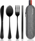 Travel Utensils with Case, Quatish Portable Silverware Set for Work, Stainless Steel Reusable Travel Cutlery Set, Fork and Spoon Set for Camping, Picnic, Gadgets, Lunch Box for Men, Black Coastal Adventure Co