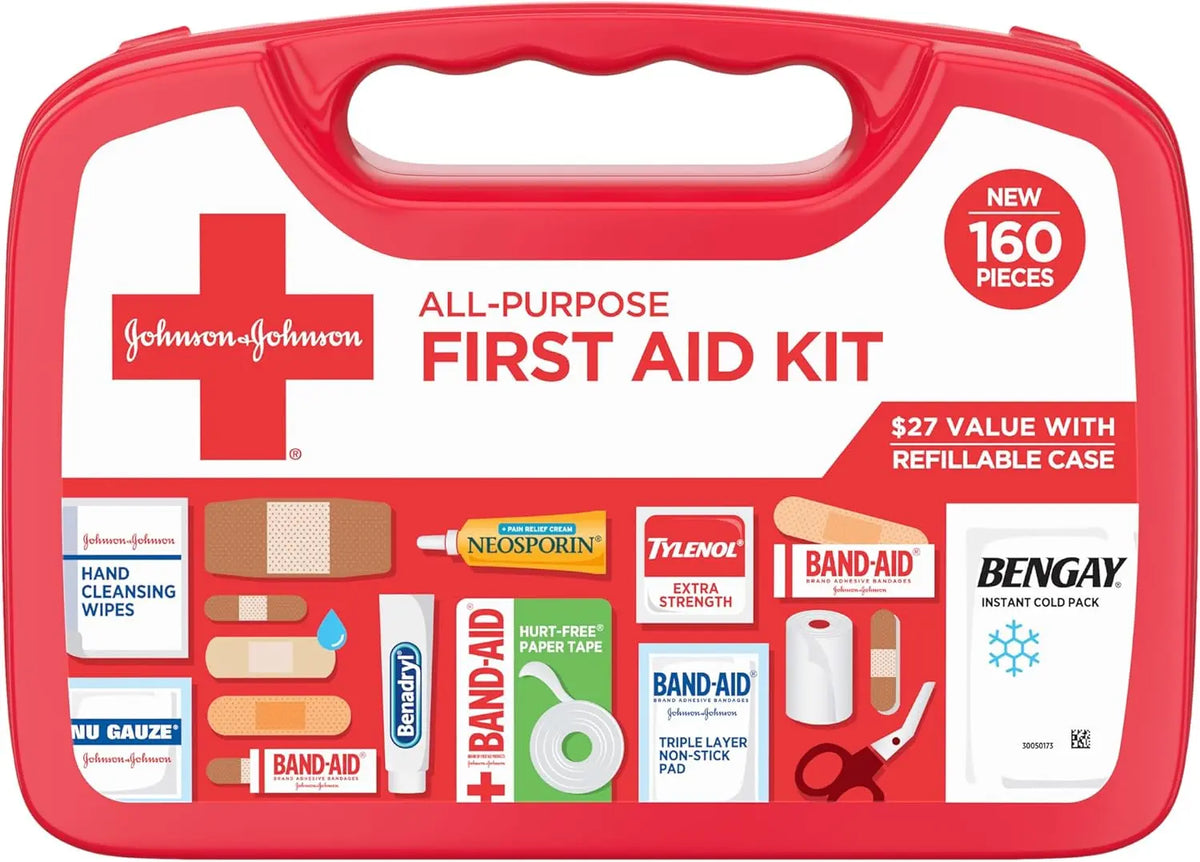 BAND-AID Brand All-Purpose Portable Compact First Aid Kit, 160 Piece | Emergency Wound Care Essentials with Adhesive Bandages, Gauze & Pain Relief for Home, Car, Dorm, Camping, Cruise & Travel Coastal Adventure Co