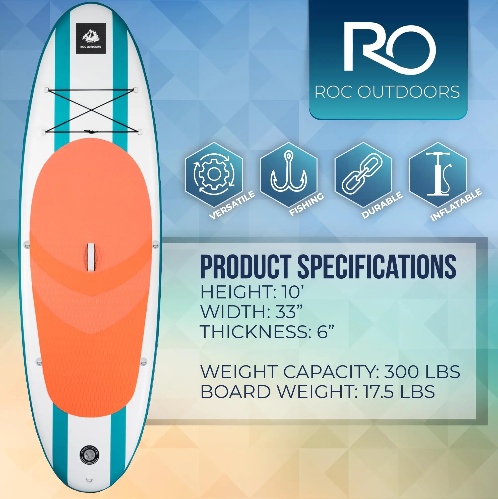 Roc Inflatable Stand Up Paddle Board 10' 6" with Premium SUP Paddle Board Accessories, Wide Stable Design, Non-Slip Comfort Deck for Youth & Adults Coastal Adventure Co