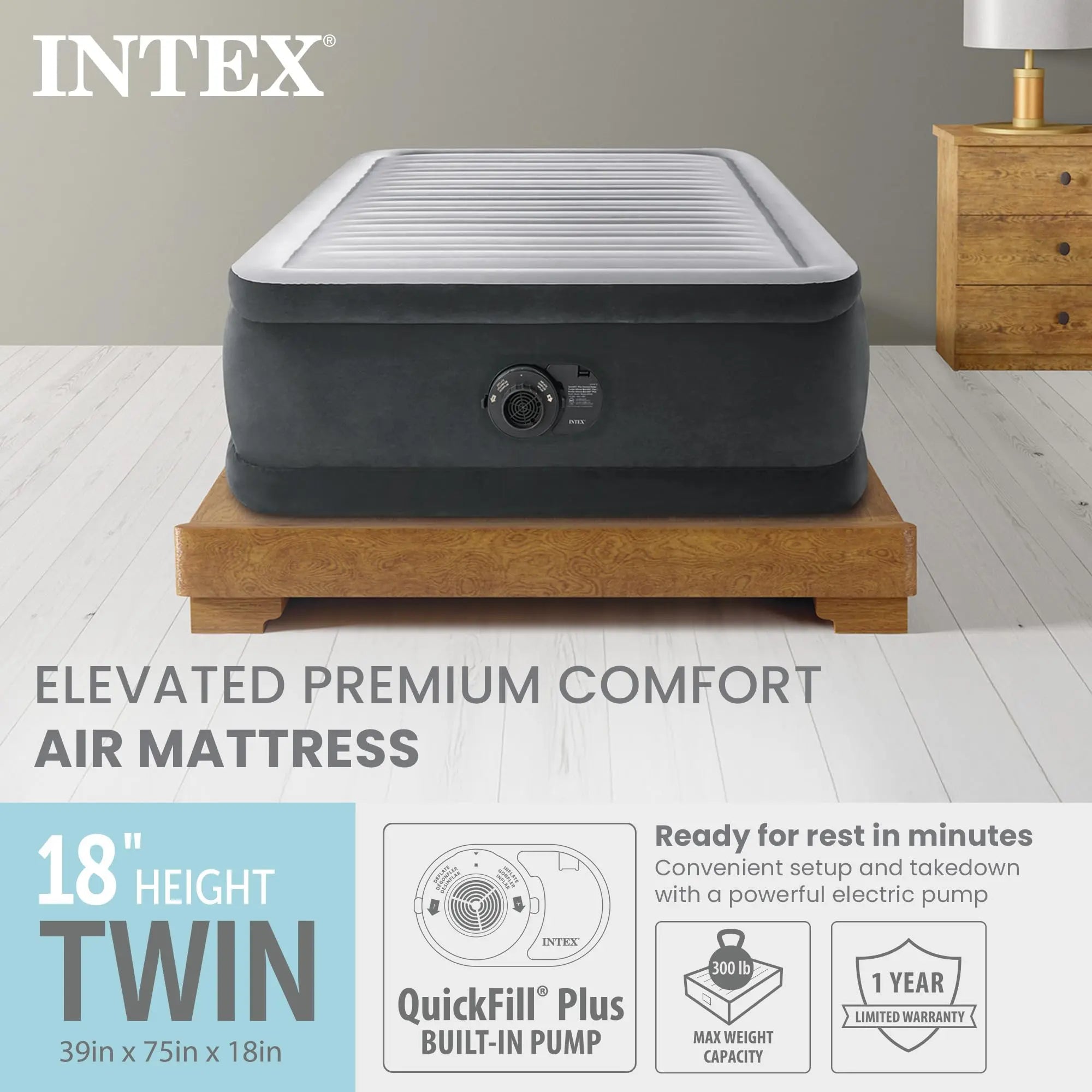 Intex 64417ED 22in Queen Dura-Beam Comfort Plush High-Rise Inflatable Air Mattress with Built in Pump for Travel and Camping, 600lb Weight Capacity Coastal Adventure Co