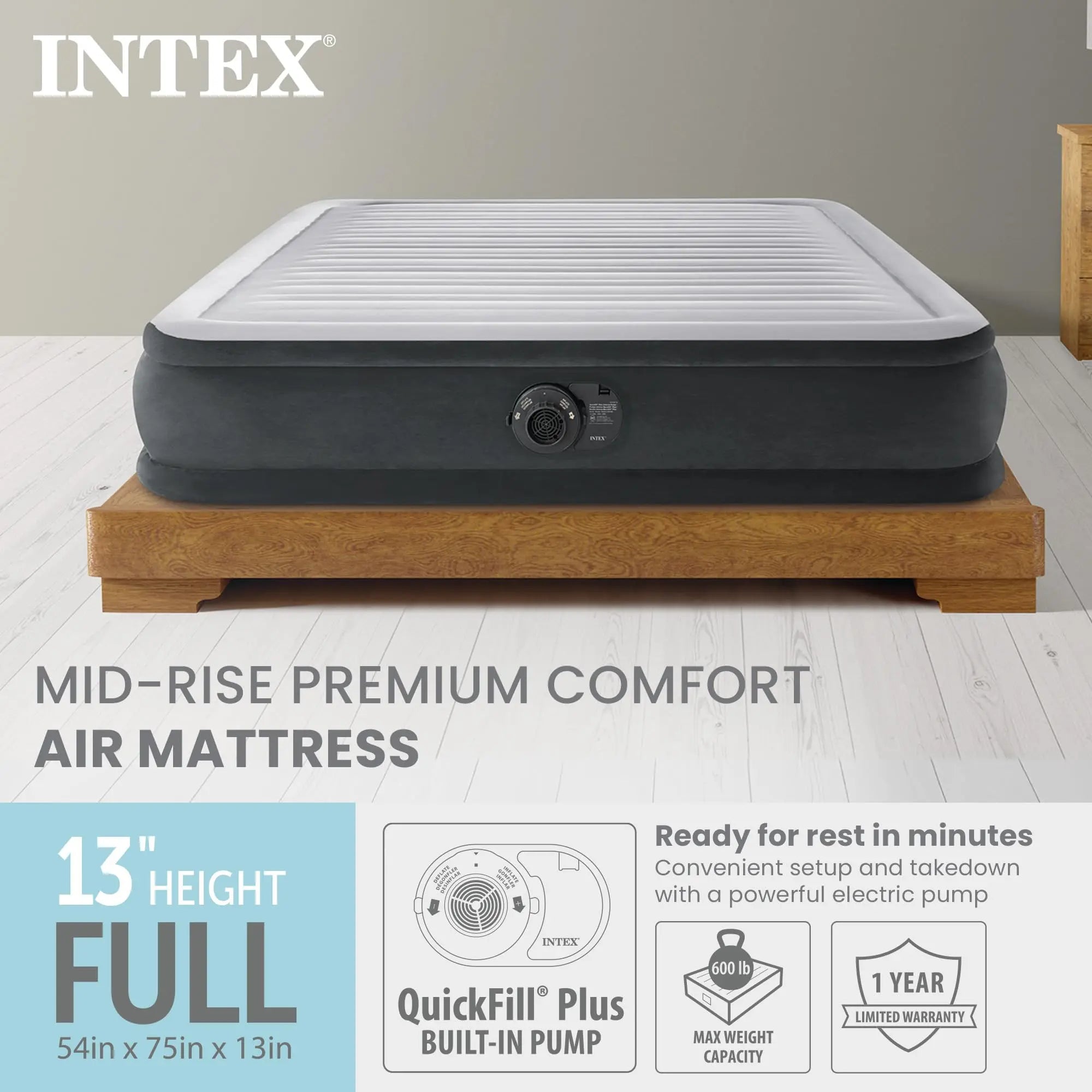 Intex 64417ED 22in Queen Dura-Beam Comfort Plush High-Rise Inflatable Air Mattress with Built in Pump for Travel and Camping, 600lb Weight Capacity Coastal Adventure Co