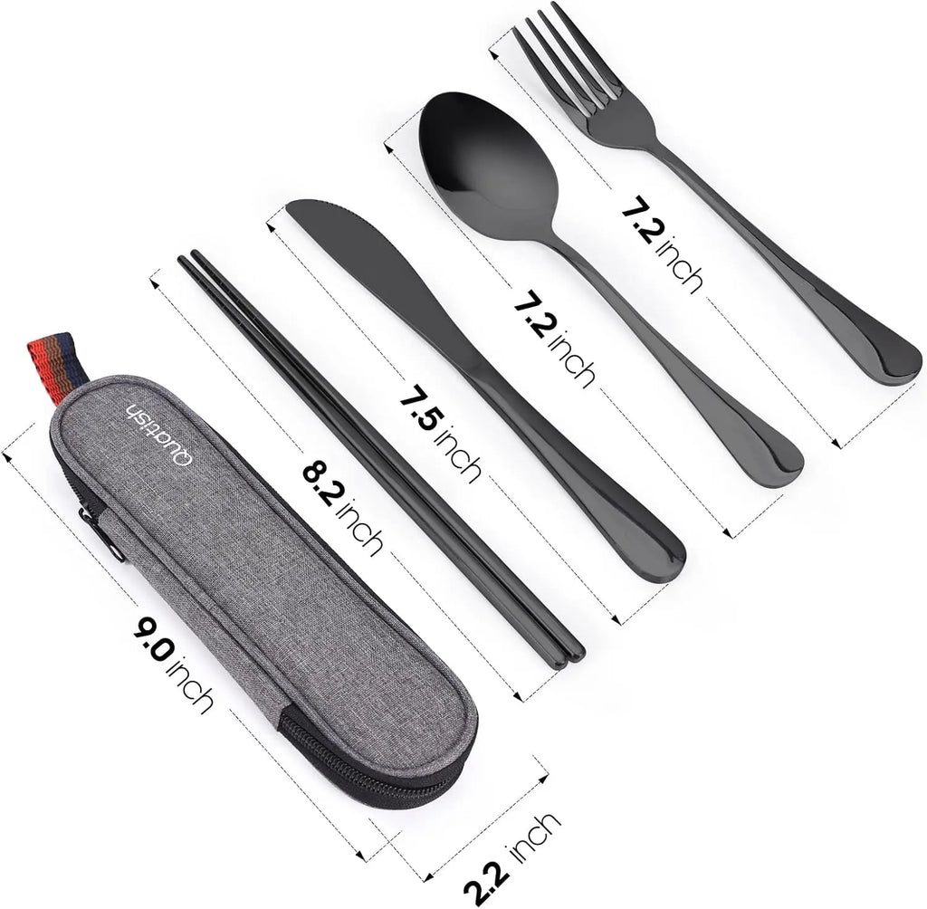 Travel Utensils with Case, Quatish Portable Silverware Set for Work, Stainless Steel Reusable Travel Cutlery Set, Fork and Spoon Set for Camping, Picnic, Gadgets, Lunch Box for Men, Black Coastal Adventure Co