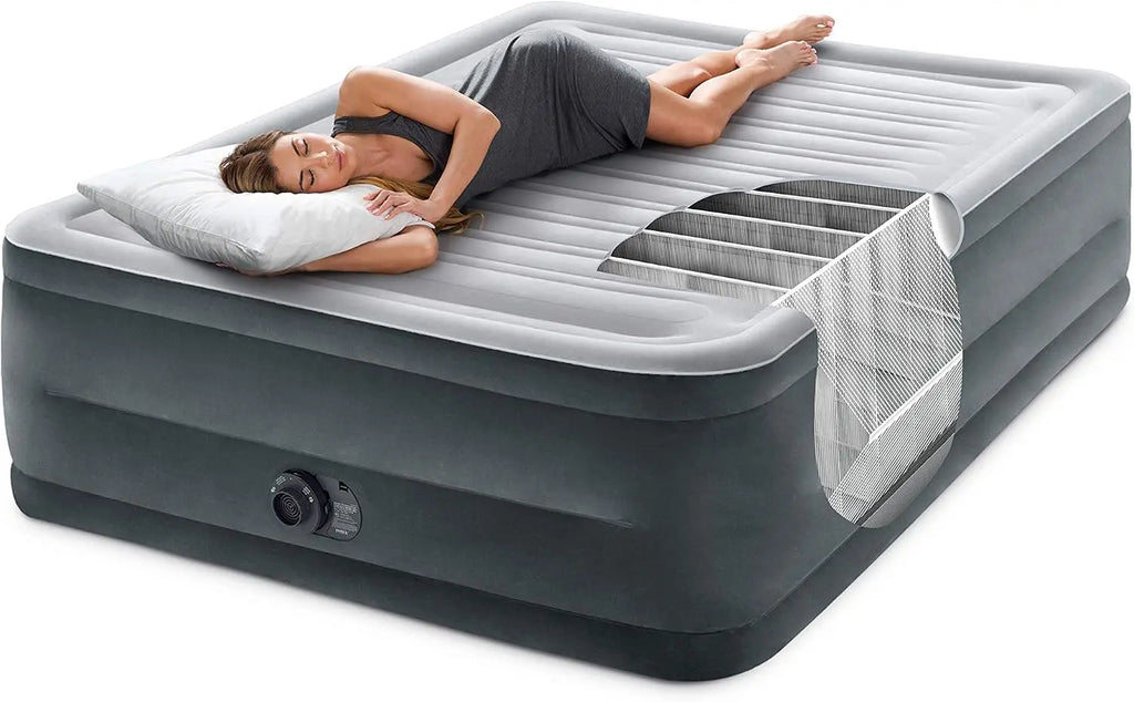 Intex 64417ED 22in Queen Dura-Beam Comfort Plush High-Rise Inflatable Air Mattress with Built in Pump for Travel and Camping, 600lb Weight Capacity Coastal Adventure Co