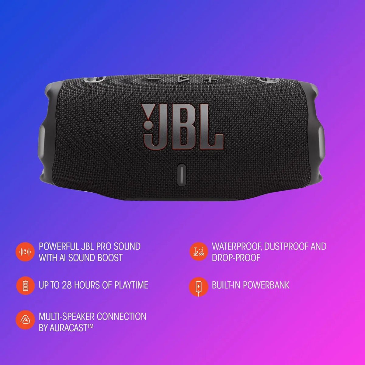 JBL Charge 6 Portable Bluetooth Speaker, Waterproof, Drop-Proof - Black | Long Battery Life Up To 28 Hours, Quick Charging, Built-In Powerbank, Weatherproof For Outdoor, Poolside, And Shower Use Coastal Adventure Co