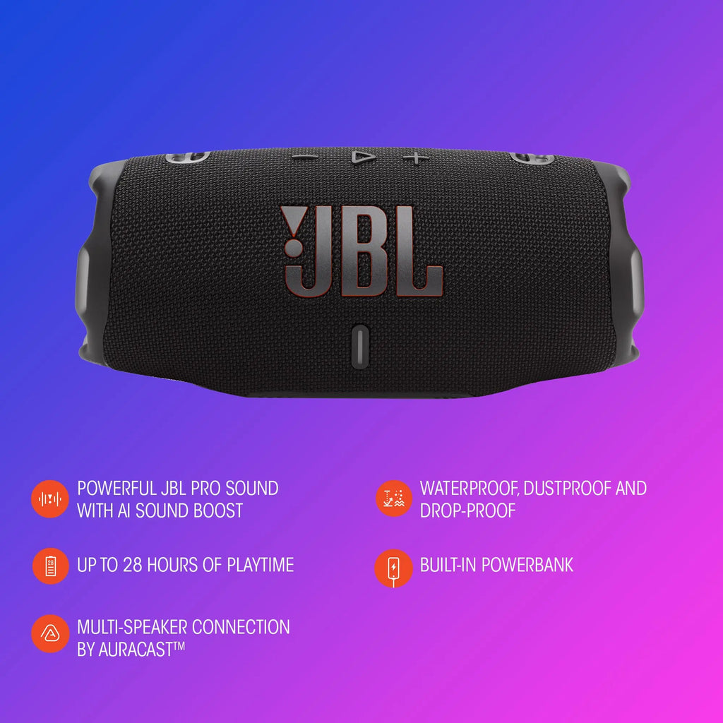 JBL Charge 6 Portable Bluetooth Speaker, Waterproof, Drop-Proof - Black | Long Battery Life Up To 28 Hours, Quick Charging, Built-In Powerbank, Weatherproof For Outdoor, Poolside, And Shower Use Coastal Adventure Co