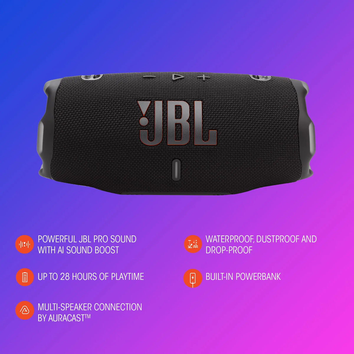 JBL Charge 6 Portable Bluetooth Speaker, Waterproof, Drop-Proof - Black | Long Battery Life Up To 28 Hours, Quick Charging, Built-In Powerbank, Weatherproof For Outdoor, Poolside, And Shower Use Coastal Adventure Co