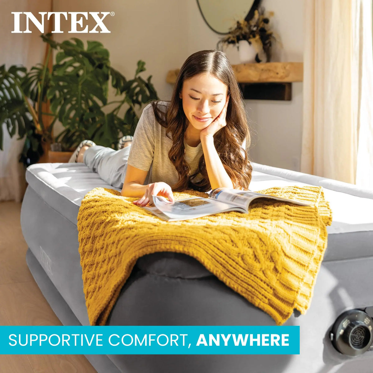 Intex 64417ED 22in Queen Dura-Beam Comfort Plush High-Rise Inflatable Air Mattress with Built in Pump for Travel and Camping, 600lb Weight Capacity Coastal Adventure Co