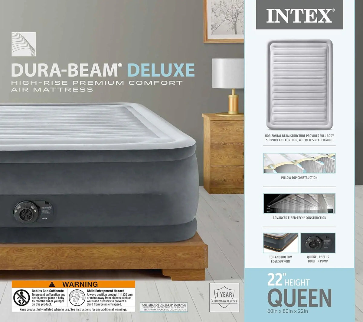Intex 64417ED 22in Queen Dura-Beam Comfort Plush High-Rise Inflatable Air Mattress with Built in Pump for Travel and Camping, 600lb Weight Capacity Coastal Adventure Co