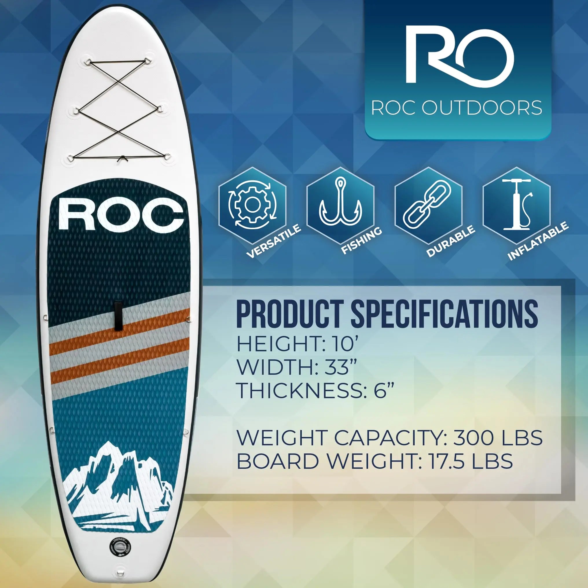 Roc Inflatable Stand Up Paddle Board 10' 6" with Premium SUP Paddle Board Accessories, Wide Stable Design, Non-Slip Comfort Deck for Youth & Adults Coastal Adventure Co