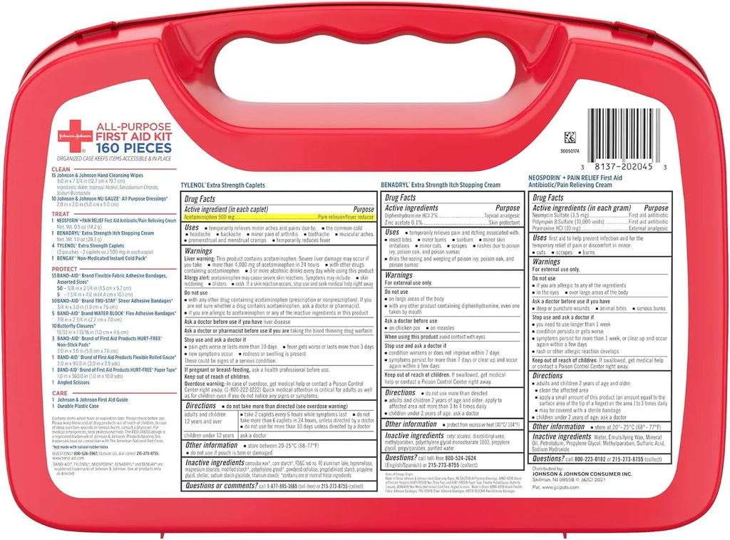 BAND-AID Brand All-Purpose Portable Compact First Aid Kit, 160 Piece | Emergency Wound Care Essentials with Adhesive Bandages, Gauze & Pain Relief for Home, Car, Dorm, Camping, Cruise & Travel Coastal Adventure Co