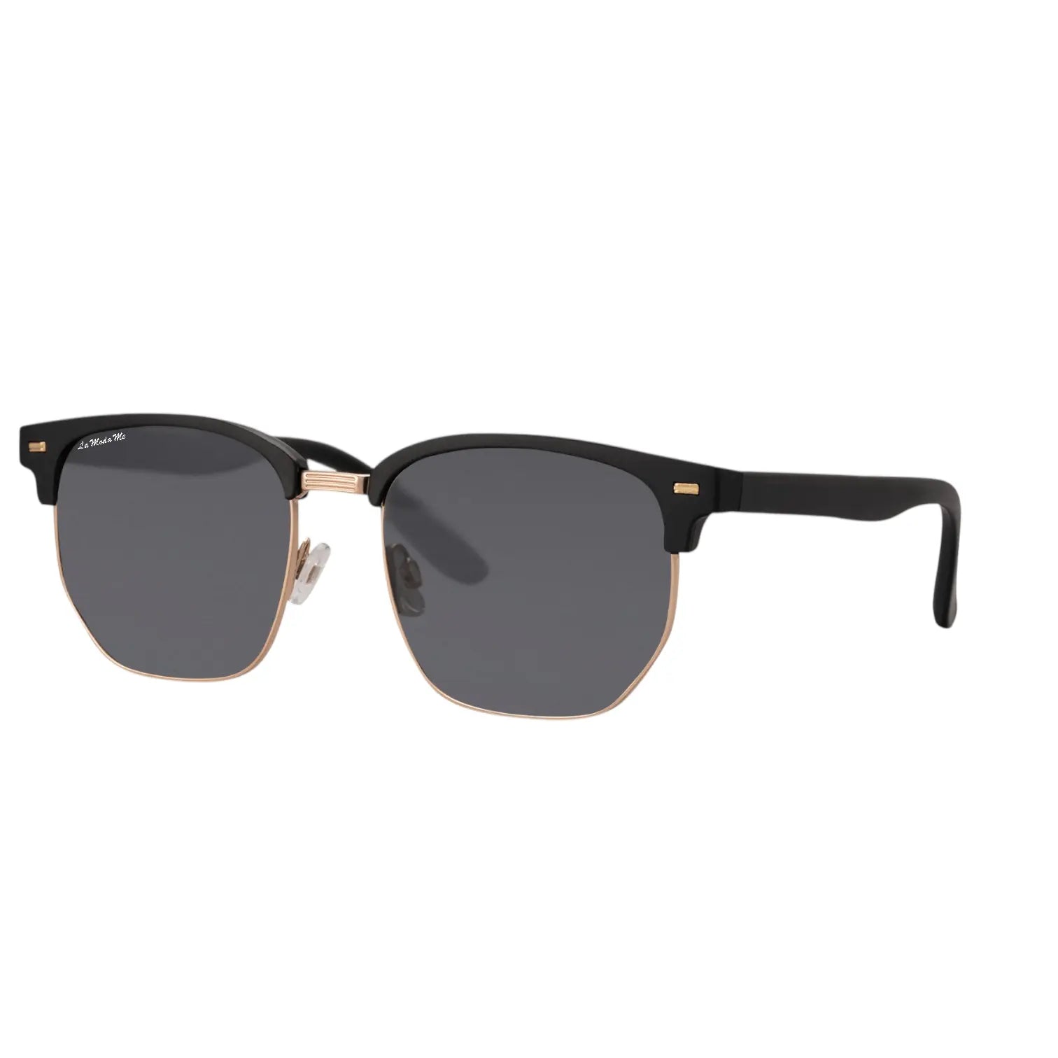 ZenShade sunglasses with black browline frames, gold-tone metal rims, and dark tinted lenses.