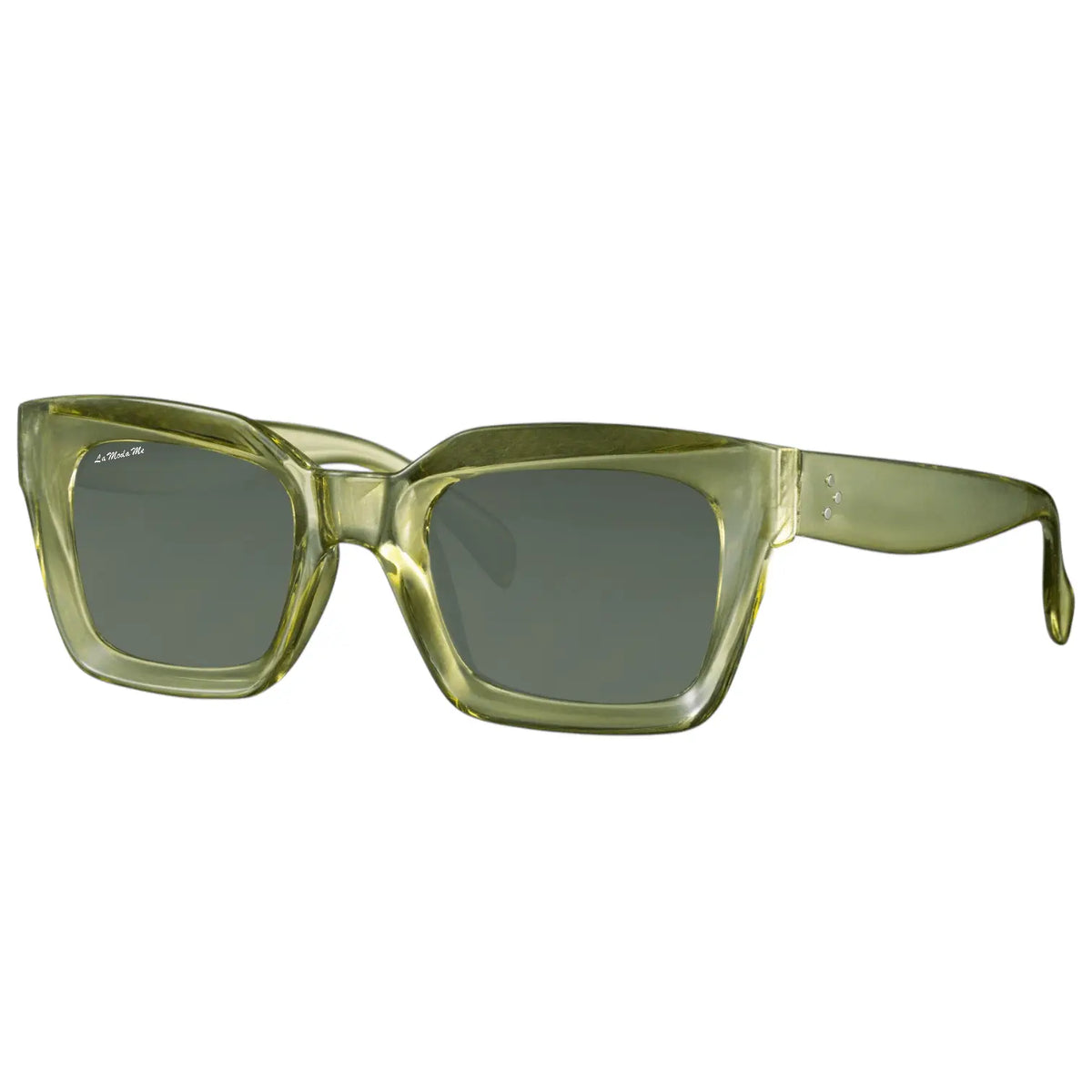 Luum sustainable sunglasses with translucent olive green acetate frames and dark grey tinted lenses.