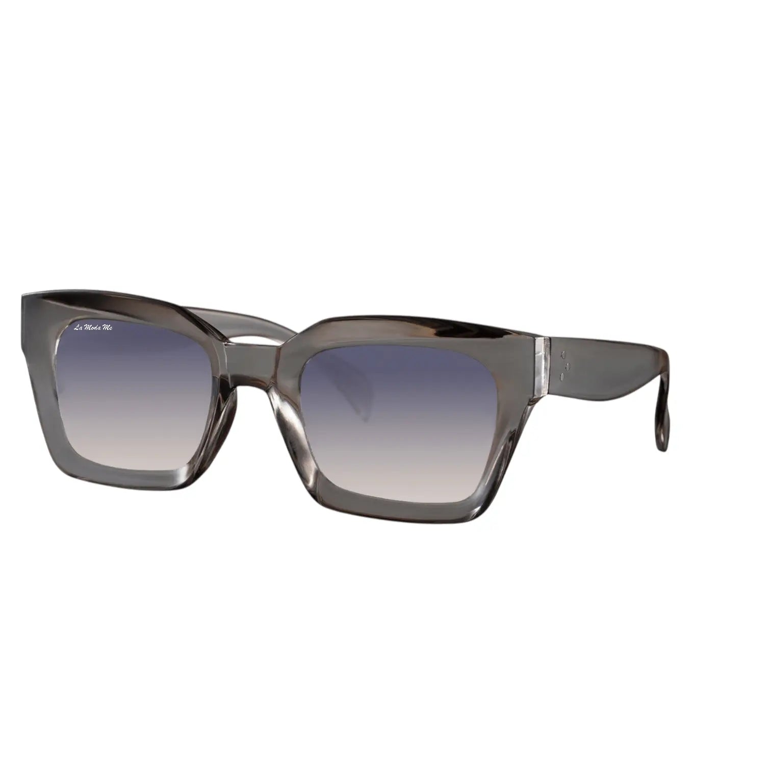 Luum sunglasses in translucent grey acetate with square frames and grey gradient lenses.