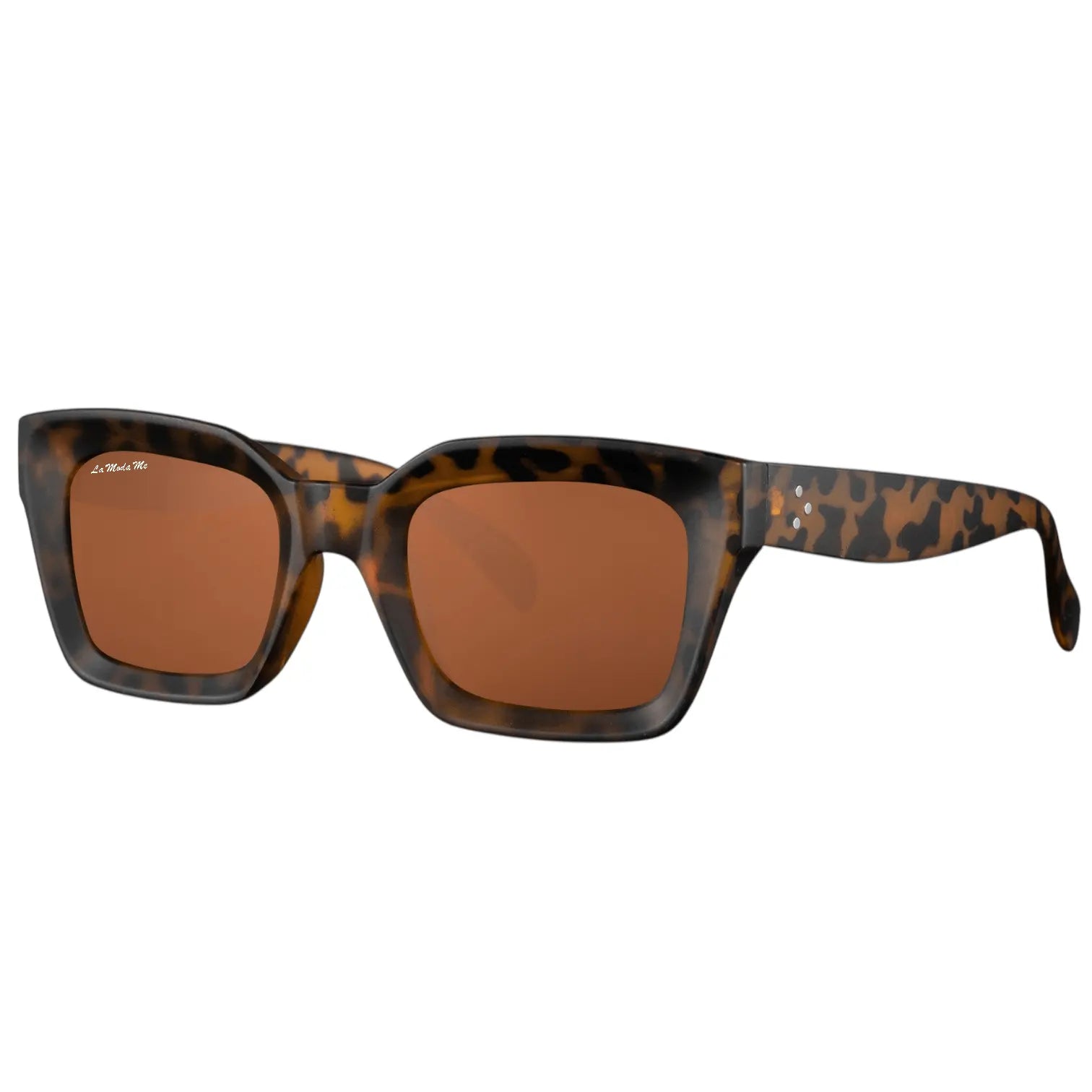 Luum sunglasses with thick tortoiseshell acetate frames and square brown lenses featuring three silver hinge dots.