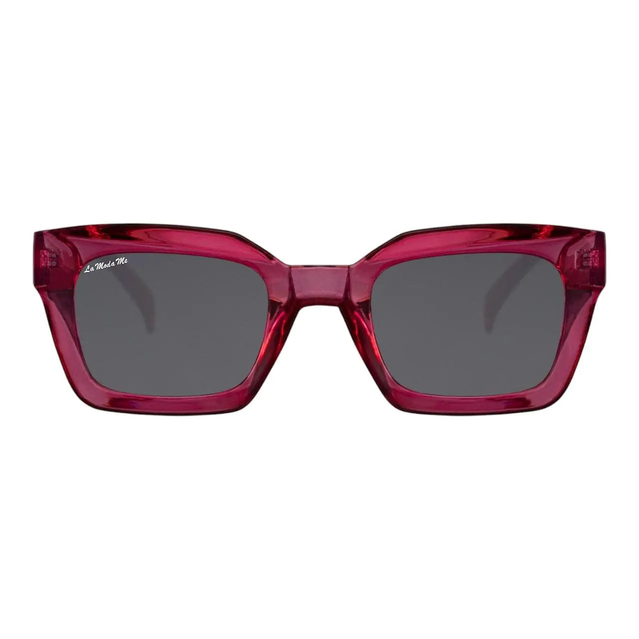 Luum sustainable sunglasses with translucent red acetate chunky square frames and dark grey lenses.