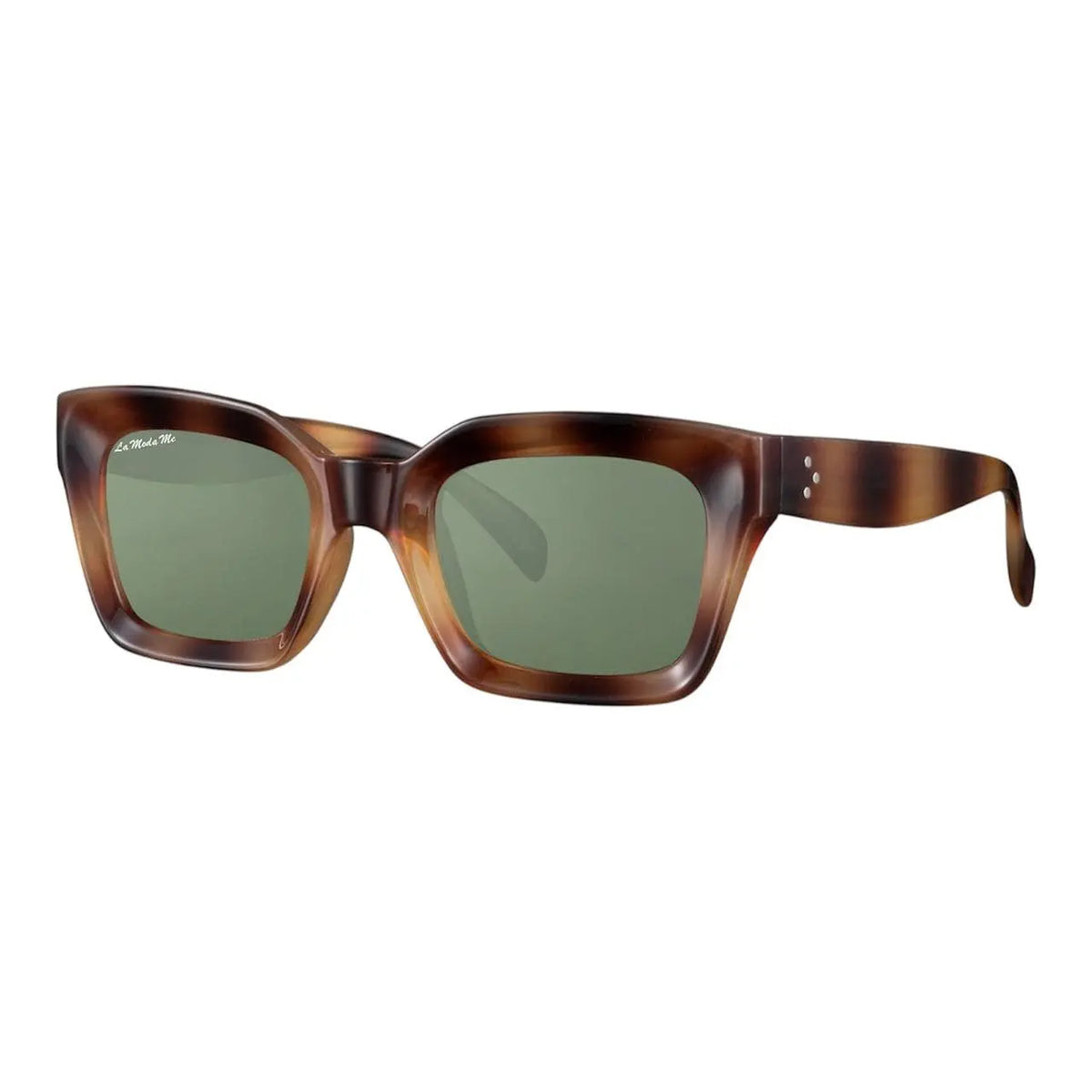 Luum sunglasses in brown tortoise acetate with green lenses and triple-dot hinge accents.