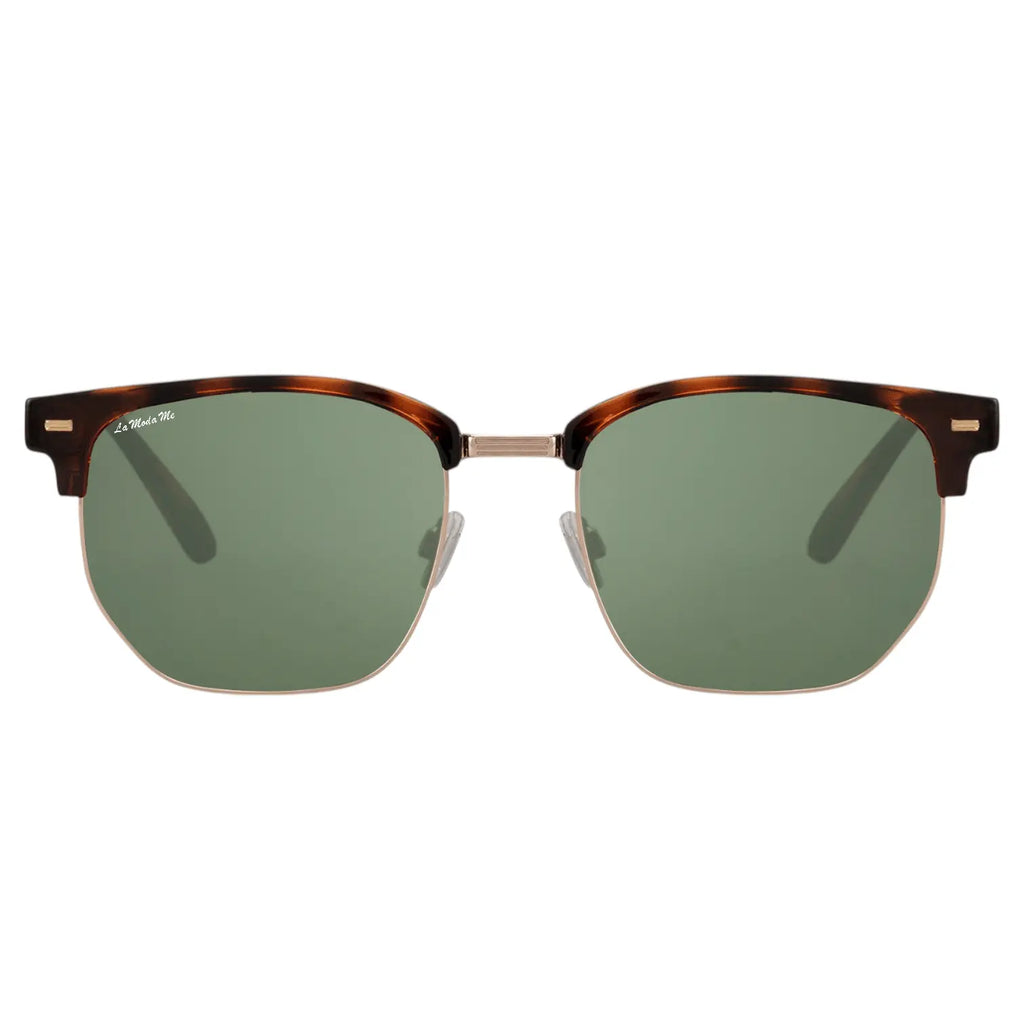 ZenShade tortoiseshell and gold metal sunglasses with green lenses and browline frame.