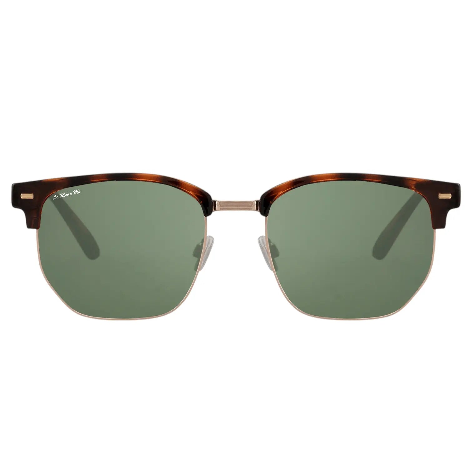ZenShade tortoiseshell and gold metal sunglasses with green lenses and browline frame.