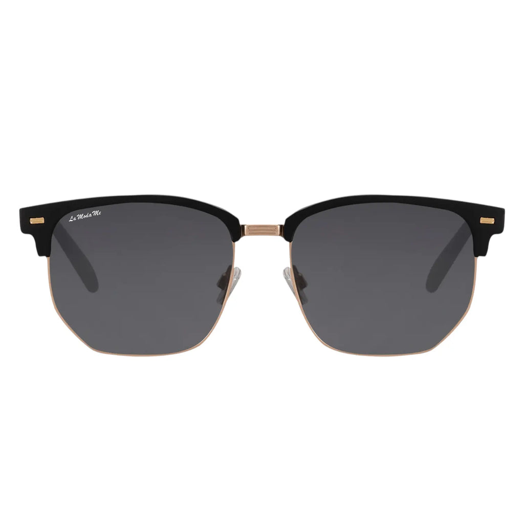 ZenShade black and gold half-frame sunglasses with dark grey lenses.