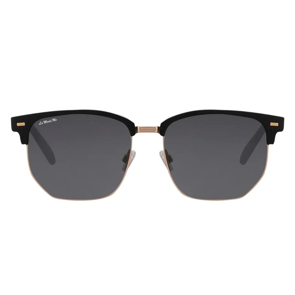 ZenShade black and gold half-frame sunglasses with dark grey lenses.