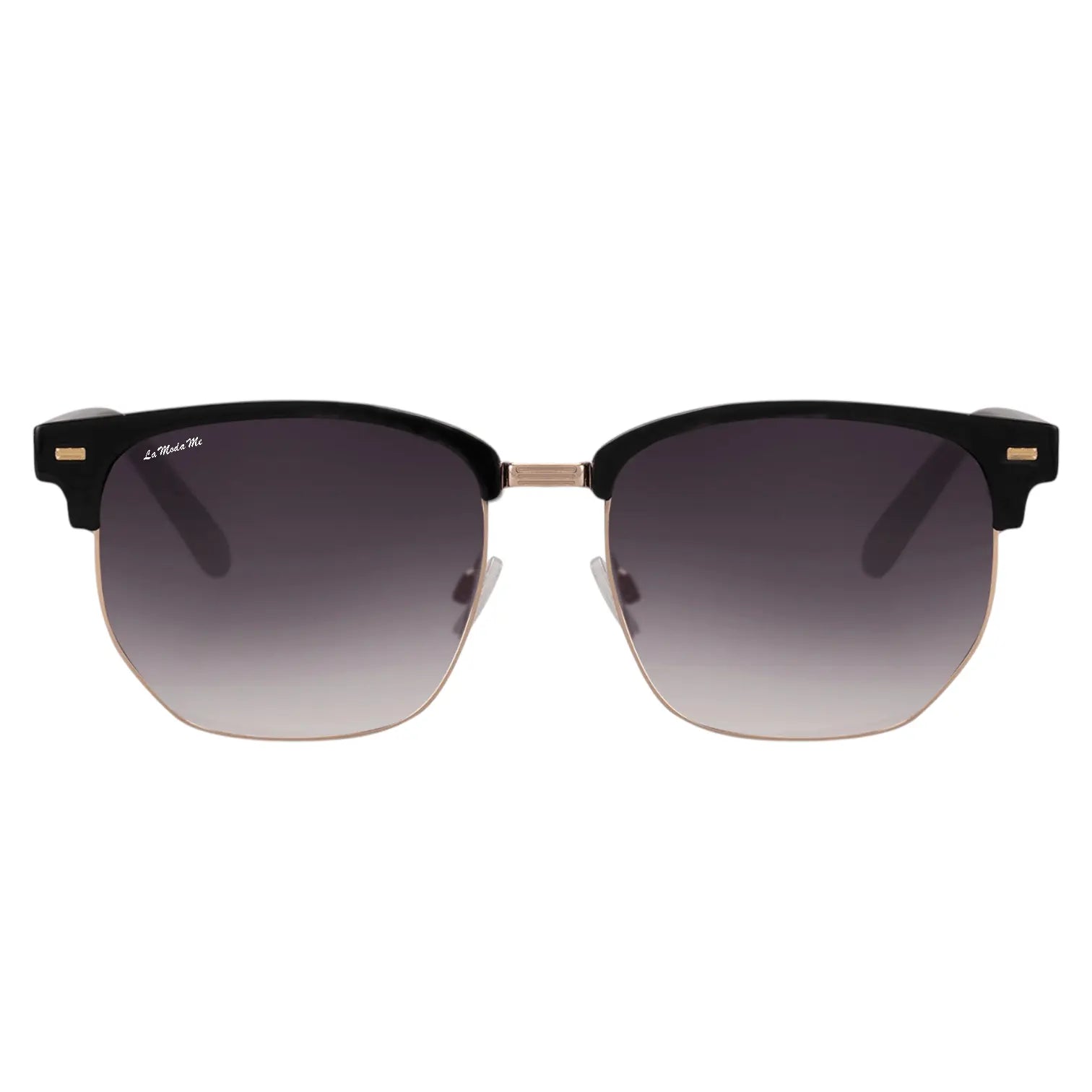 ZenShade sunglasses with black browline frames, gold metal lower rims, and gradient tinted lenses.