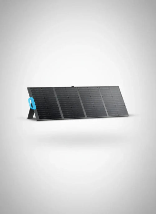 BLUETTI 100W foldable monocrystalline solar panel in black with a bright blue handle.