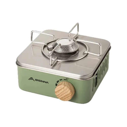 Green and stainless steel portable camping gas stove with a wooden control knob and folding pot supports.